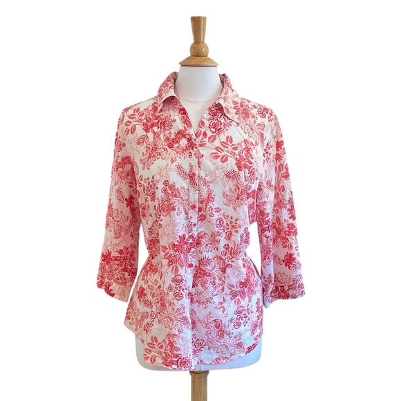 Coldwater Creek Cotton 3/4 Sleeve Button Down Shirt Red Floral, Swiss Dots, 1X - Picture 1 of 11